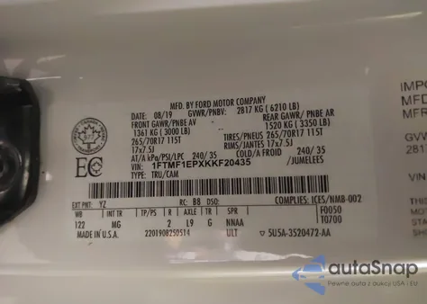 2019 Ford F-150 Xlt z USA, uszkodzony, nr VIN 1FTMF1EPXKKF20435